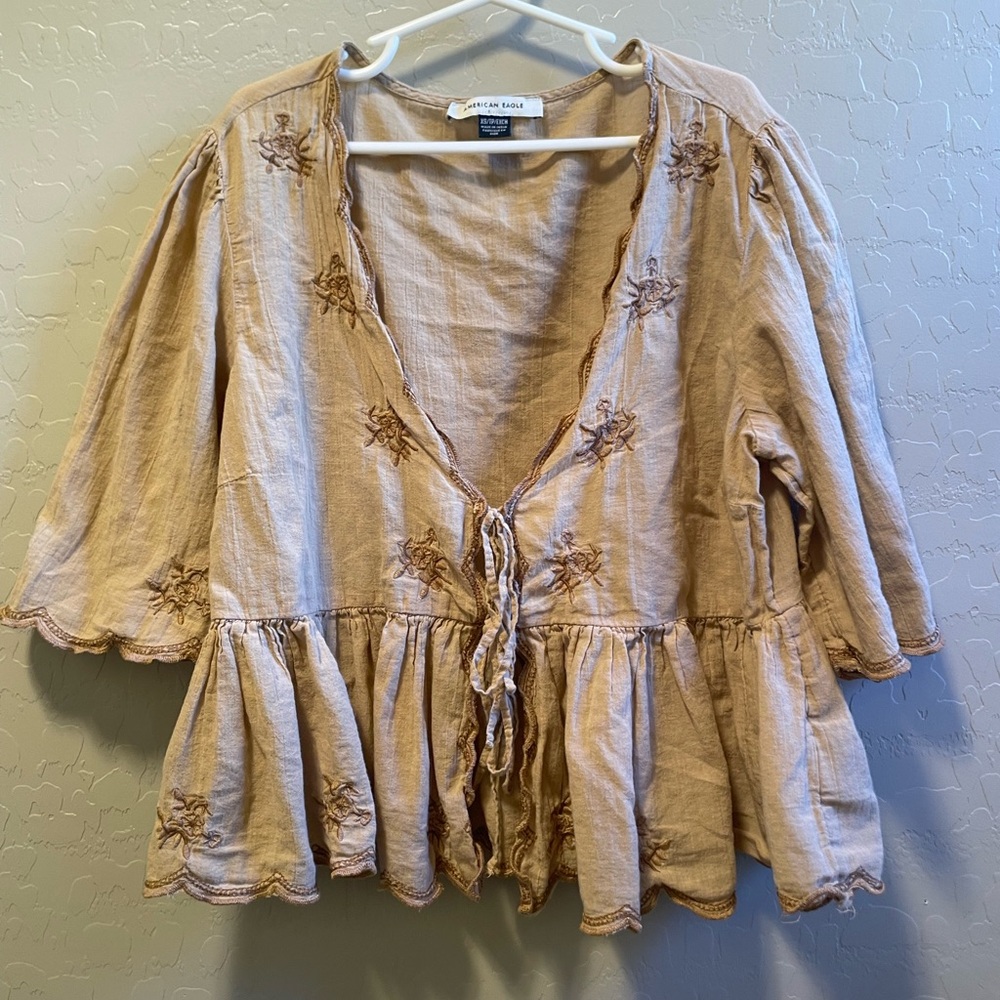 American Eagle Outfitters Tan Embroidered Blouse